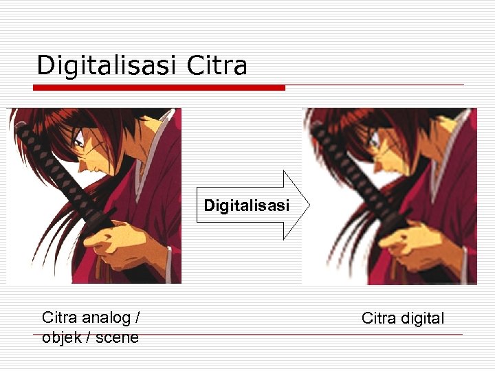 Digitalisasi Citra analog / objek / scene Citra digital 