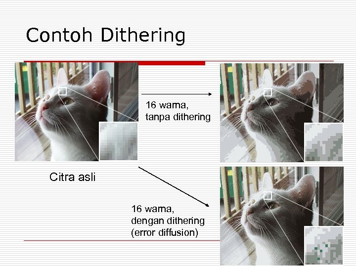 Contoh Dithering 16 warna, tanpa dithering Citra asli 16 warna, dengan dithering (error diffusion)