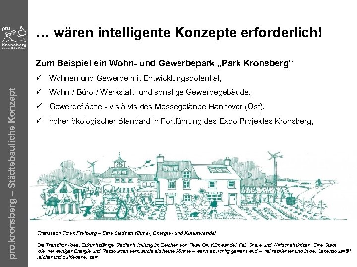 … wären intelligente Konzepte erforderlich! Zum Beispiel ein Wohn- und Gewerbepark „Park Kronsberg“ pro.