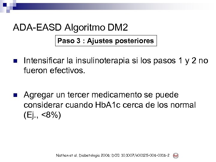 ADA-EASD Algoritmo DM 2 Paso 3 : Ajustes posteriores n Intensificar la insulinoterapia si