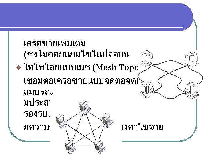 เครอขายเพมเตม (ซงไมคอยนยมใชในปจจบน ( l โทโพโลยแบบเมช (Mesh Topology( เชอมตอเครอขายแบบจดตอจดแบบ สมบรณ มประสทธภาพ รองรบเทคโนโลยใหมๆได มความซบซอน สนเปลองคาใชจาย 