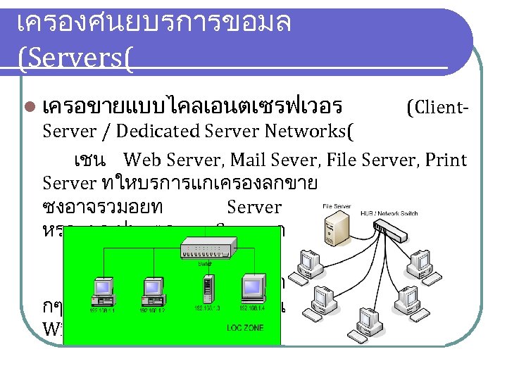 เครองศนยบรการขอมล (Servers( l เครอขายแบบไคลเอนตเซรฟเวอร (Client- Server / Dedicated Server Networks( เชน Web Server, Mail