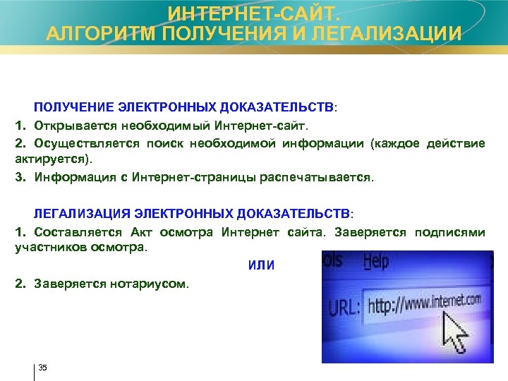 ИНТЕРНЕТ-САЙТ. АЛГОРИТМ ПОЛУЧЕНИЯ И ЛЕГАЛИЗАЦИИ ПОЛУЧЕНИЕ ЭЛЕКТРОННЫХ ДОКАЗАТЕЛЬСТВ: 1. Открывается необходимый Интернет-сайт. 2. Осуществляется