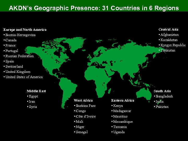 AKDN’s Geographic Presence: 31 Countries in 6 Regions Central Asia • Afghanistan • Kazakhstan