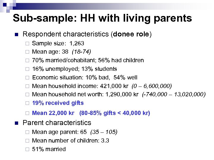 Sub-sample: HH with living parents n Respondent characteristics (donee role) ¨ Sample size: 1,