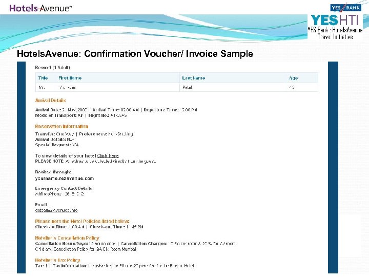 Hotels. Avenue: Confirmation Voucher/ Invoice Sample 