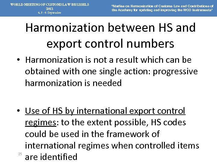 WORLD MEETING OF CUSTOMS LAW BRUSSELS 2013 4, 5 - 6 September “Studies on