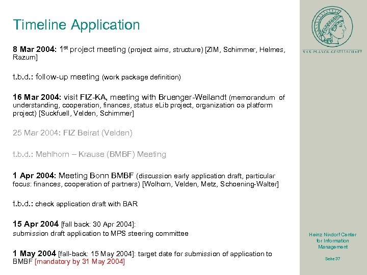 Timeline Application 8 Mar 2004: 1 st project meeting (project aims, structure) [ZIM, Schimmer,