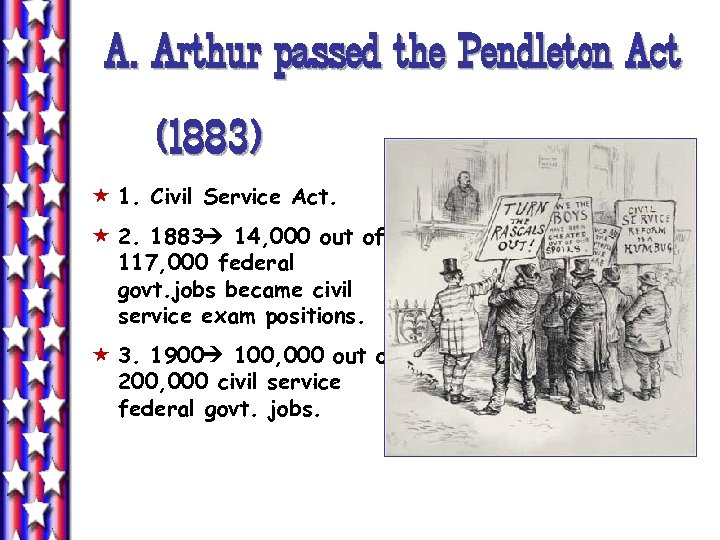 A. Arthur passed the Pendleton Act (1883) « 1. Civil Service Act. « 2.