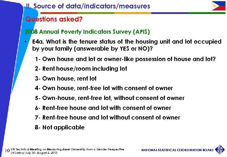 II. Source of data/indicators/measures Questions asked? 2008 Annual Poverty Indicators Survey (APIS) • E