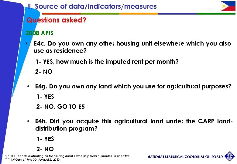 II. Source of data/indicators/measures Questions asked? 2008 APIS • E 4 c. Do you