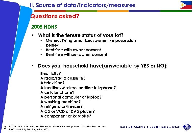 II. Source of data/indicators/measures Questions asked? 2008 NDHS • What is the tenure status