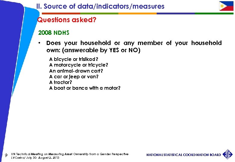 II. Source of data/indicators/measures Questions asked? 2008 NDHS • Does your household or any