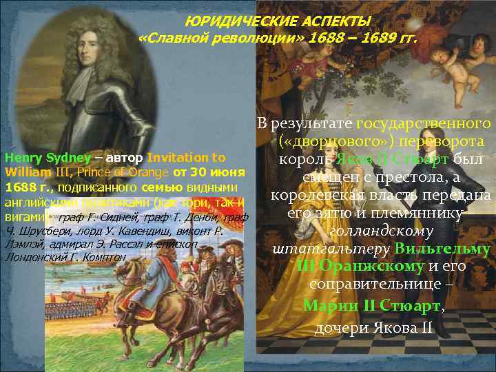 ЮРИДИЧЕСКИЕ АСПЕКТЫ «Славной революции» 1688 – 1689 гг. Henry Sydney – автор Invitation to