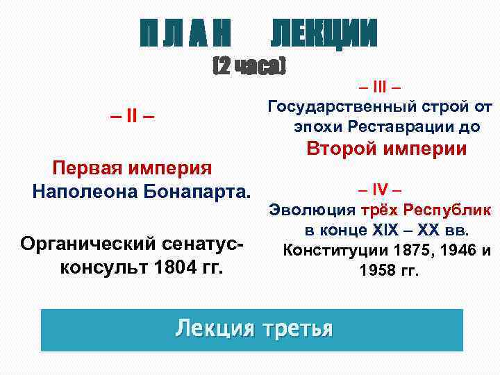 ПЛАН ЛЕКЦИИ (2 часа) – III – Государственный строй от эпохи Реставрации до –