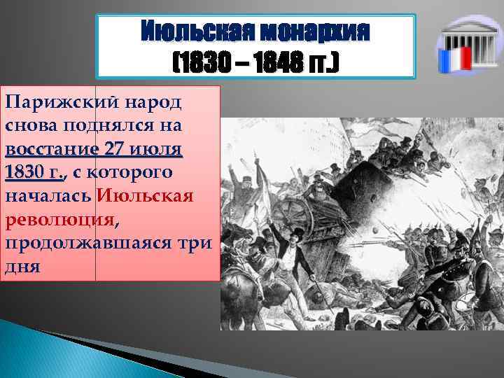 Июльская монархия (1830 – 1848 гг. ) Парижский народ снова поднялся на восстание 27