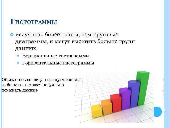 ГИСТОГРАММЫ визуально более точны, чем круговые диаграммы, и могут вместить больше групп данных. Вертикальные