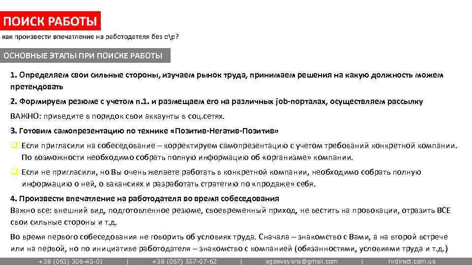 ОСНОВНЫЕ ЭТАПЫ ПРИ ПОИСКЕ РАБОТЫ 1. Определяем свои сильные стороны, изучаем рынок труда, принимаем
