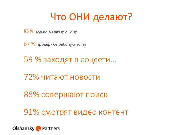 Что ОНИ делают? 85 % проверяют личную почту 67 % проверяют рабочую почту 59