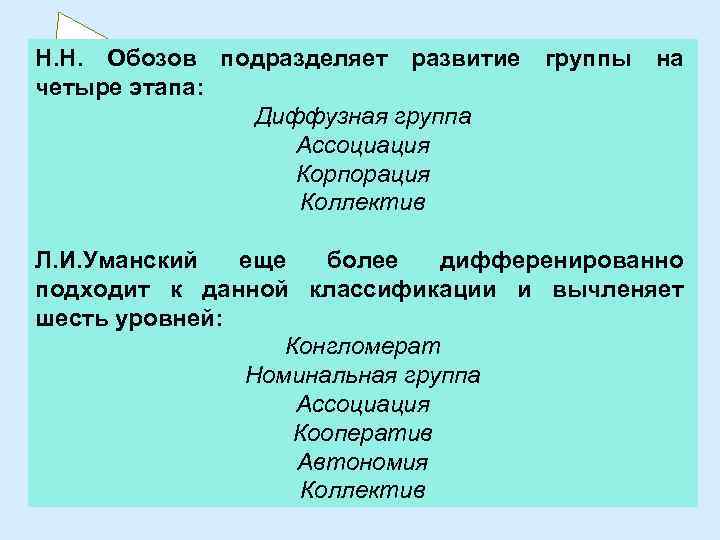 Н. Н. Обозов подразделяет развитие группы на четыре этапа: Диффузная группа Ассоциация Корпорация Коллектив