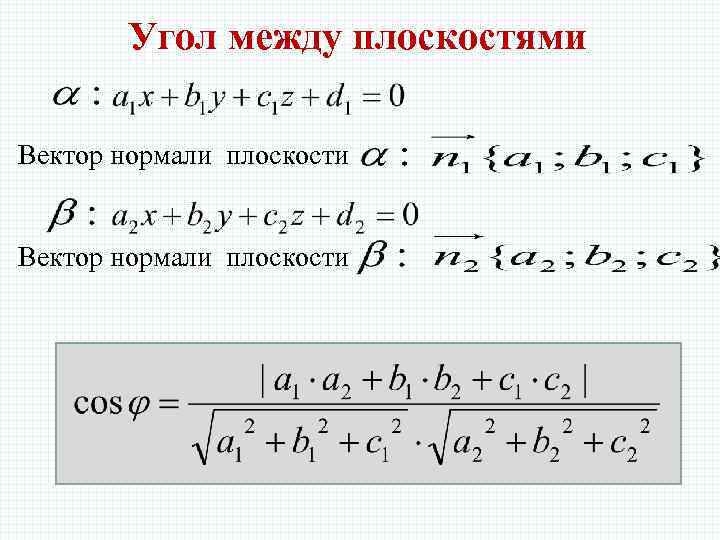 Угол между плоскостями Вектор нормали плоскости 