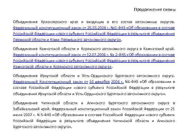 Продолжение схемы Объединение Красноярского края и входящих в его состав автономных округов. Федеральный конституционный