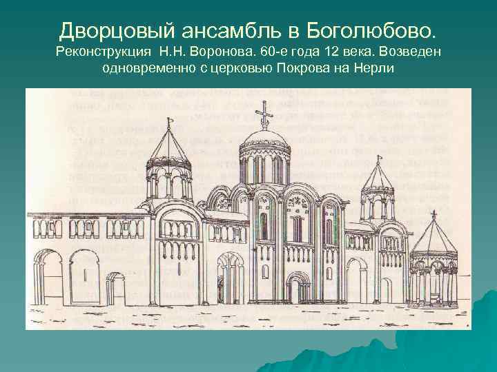 Дворцовый ансамбль в Боголюбово. Реконструкция Н. Н. Воронова. 60 -е года 12 века. Возведен