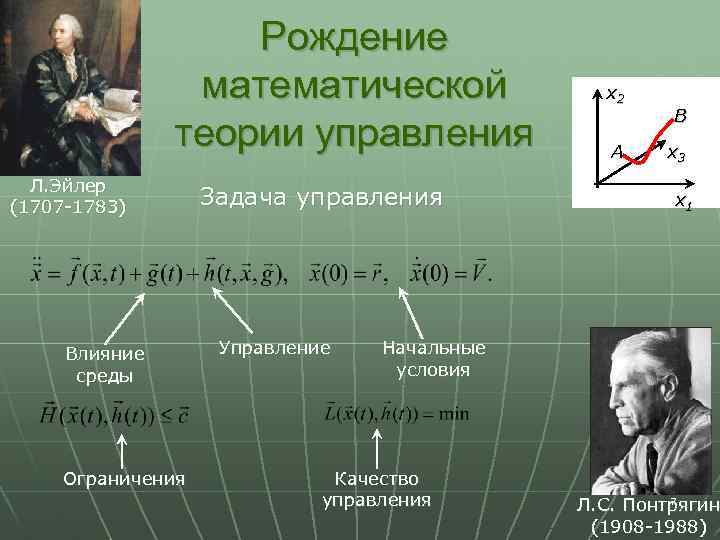 Рождение математической теории управления Л. Эйлер (1707 -1783) Влияние среды Ограничения Задача управления Управление