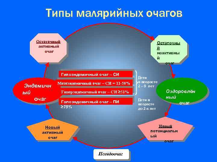 Типы малярийных очагов Остаточный активный очаг Эндемичн ый очаг Остаточны й неактивны й очаг