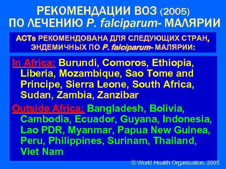 РЕКОМЕНДАЦИИ ВОЗ (2005) ПО ЛЕЧЕНИЮ P. falciparum- МАЛЯРИИ ACTs РЕКОМЕНДОВАНА ДЛЯ СЛЕДУЮЩИХ СТРАН, ЭНДЕМИЧНЫХ
