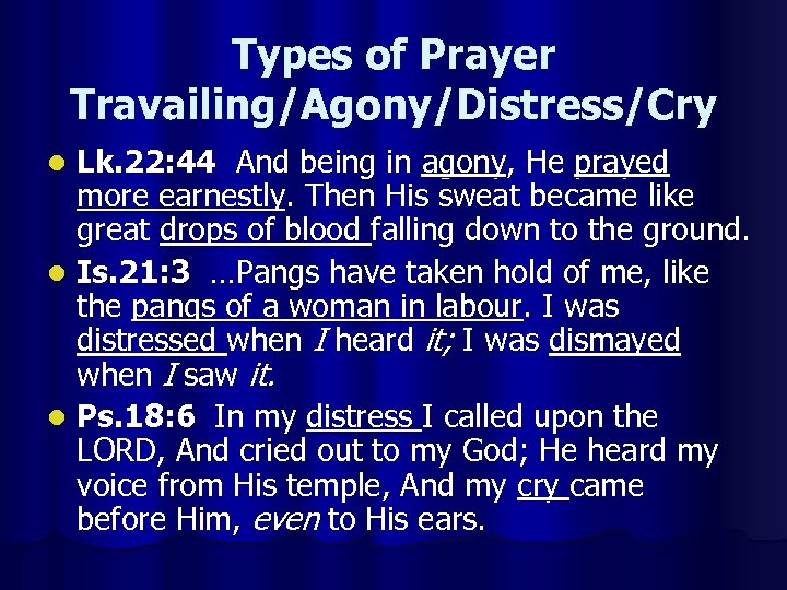 Types of Prayer Travailing/Agony/Distress/Cry Lk. 22: 44 And being in agony, He prayed more