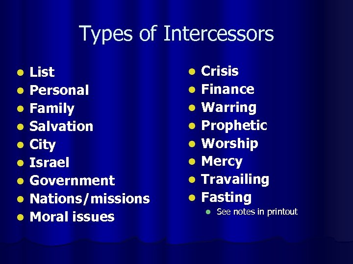 Types of Intercessors l l l l l List Personal Family Salvation City Israel