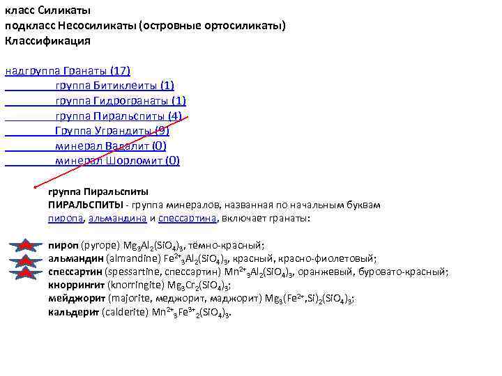 класс Силикаты подкласс Несосиликаты (островные ортосиликаты) Классификация надгруппа Гранаты (17) группа Битиклеиты (1) группа