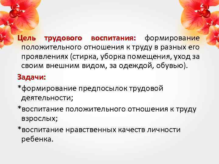 Цель трудового воспитания: формирование положительного отношения к труду в разных его проявлениях (стирка, уборка