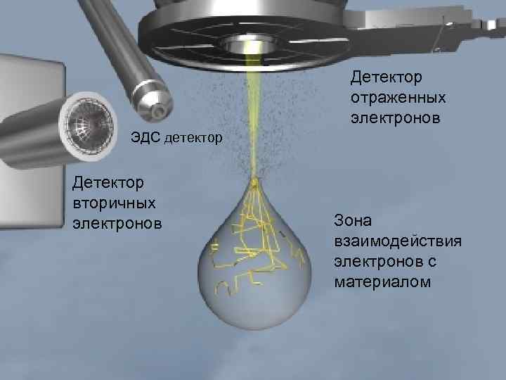 Детектор отраженных электронов ЭДС детектор Детектор вторичных электронов Зона взаимодействия электронов с материалом 