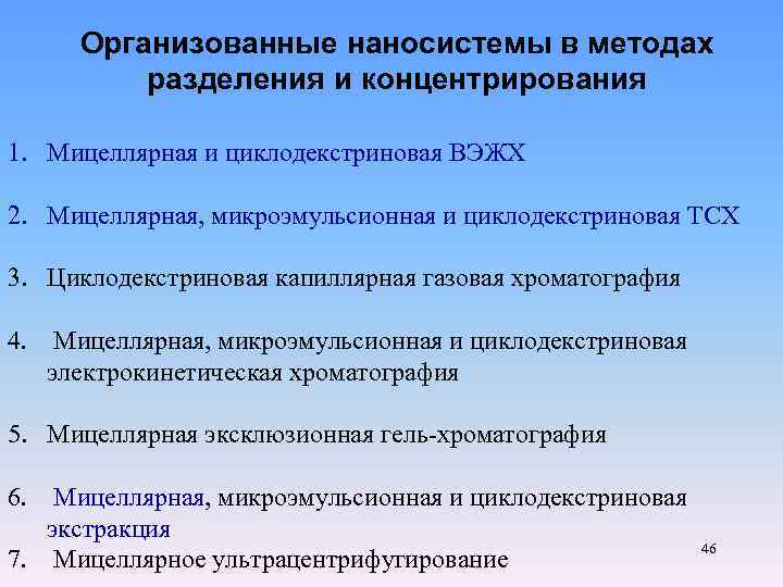 Организованные наносистемы в методах разделения и концентрирования 1. Мицеллярная и циклодекстриновая ВЭЖХ 2. Мицеллярная,