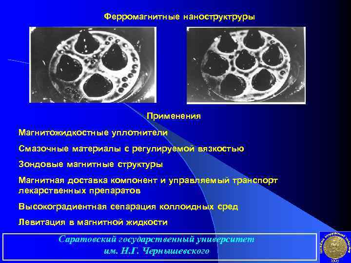 Ферромагнитные наноструктруры Применения Магнитожидкостные уплотнители Смазочные материалы с регулируемой вязкостью Зондовые магнитные структуры Магнитная