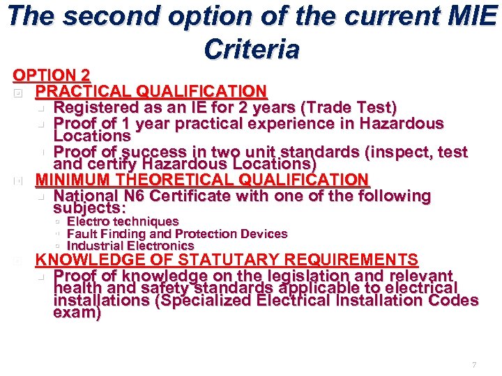 The second option of the current MIE Criteria OPTION 2 PRACTICAL QUALIFICATION Registered as
