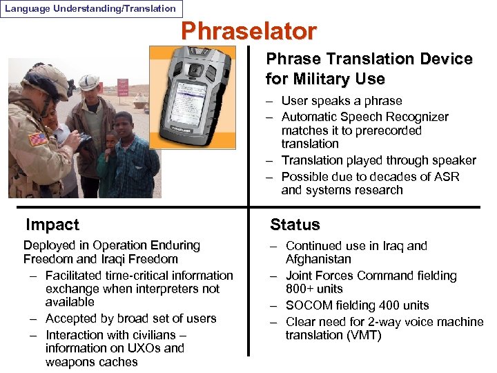 Language Understanding/Translation Phraselator Phrase Translation Device for Military Use – – User speaks a