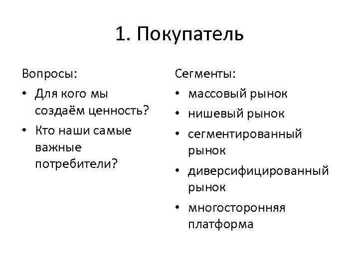 1. Покупатель Вопросы: • Для кого мы создаём ценность? • Кто наши самые важные