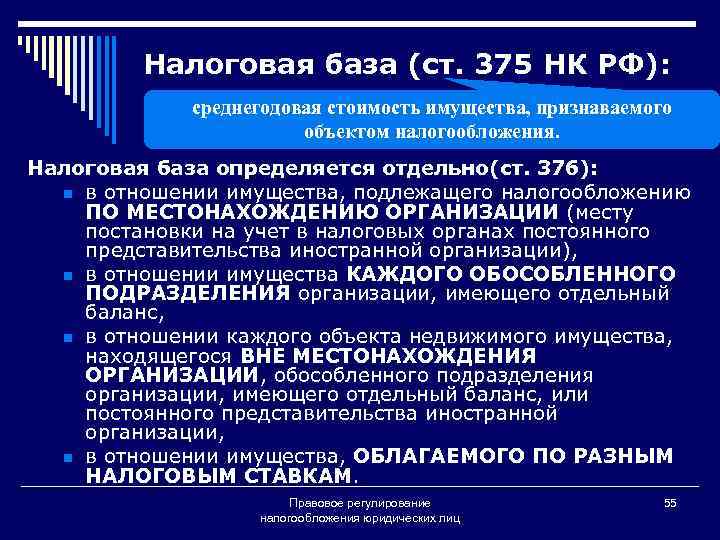 Налоговая база (ст. 375 НК РФ): среднегодовая стоимость имущества, признаваемого объектом налогообложения. Налоговая база