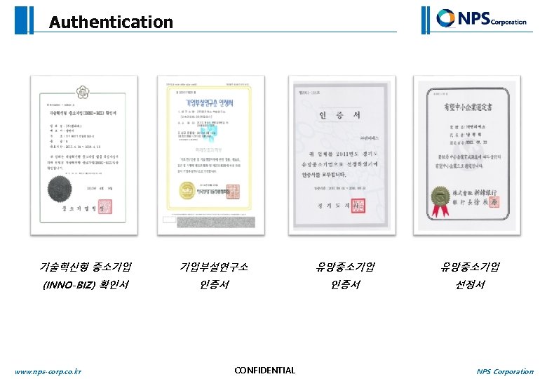 Authentication 기술혁신형 중소기업 기업부설연구소 유망중소기업 (INNO-BIZ) 확인서 인증서 선정서 www. nps-corp. co. kr CONFIDENTIAL