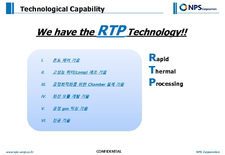 Technological Capability We have the RTP Technology!! Rapid Thermal Processing www. nps-corp. co. kr