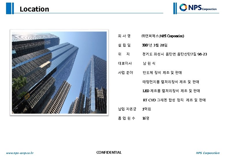 Location 회사명 ㈜앤피에스(NPS Corporation) 설립일 2007년 3월 28일 위 경기도 화성시 동탄면 동탄산단 7길