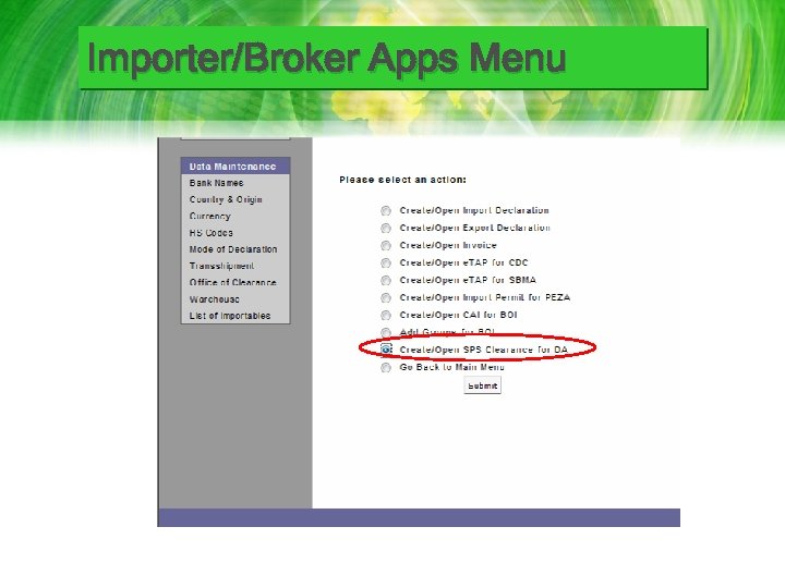 Importer/Broker Apps Menu 