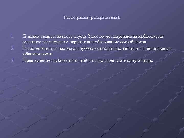 Регенерация (репаративная). 1. 2. 3. В надкостнице и эндосте спустя 2 дня после повреждения