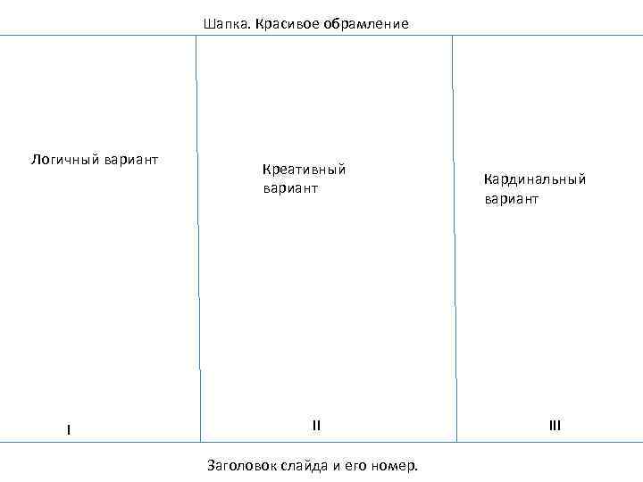 Шапка. Красивое обрамление Логичный вариант I Креативный вариант II Заголовок слайда и его номер.