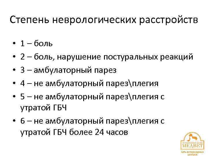 Степень неврологических расстройств 1 – боль 2 – боль, нарушение постуральных реакций 3 –