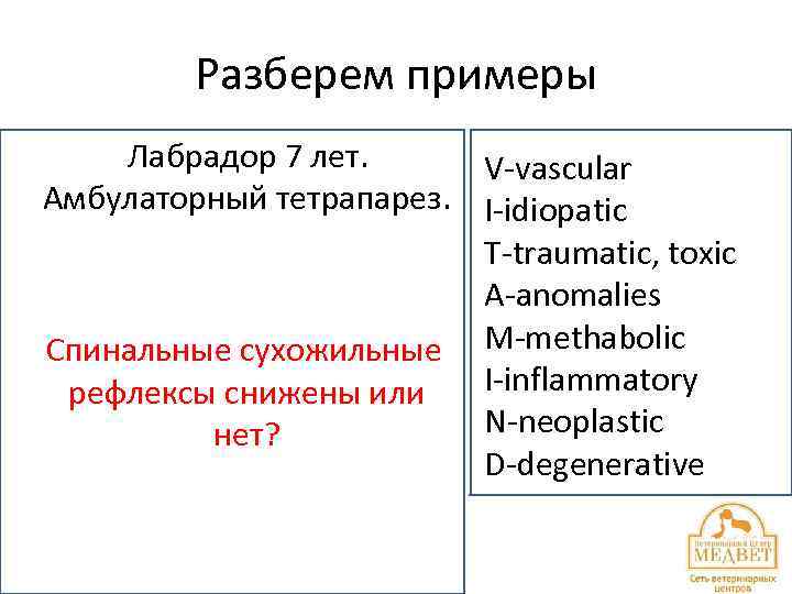 Разберем примеры Лабрадор 7 лет. V-vascular Амбулаторный тетрапарез. I-idiopatic T-traumatic, toxic A-anomalies Спинальные сухожильные