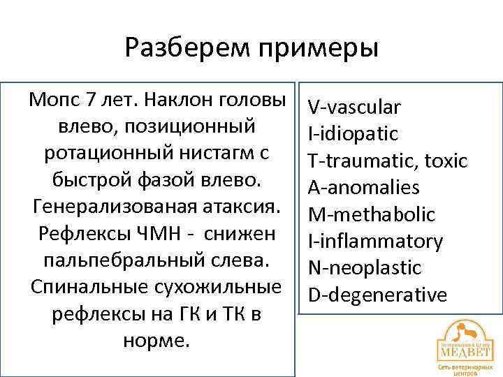 Разберем примеры Мопс 7 лет. Наклон головы влево, позиционный ротационный нистагм с быстрой фазой